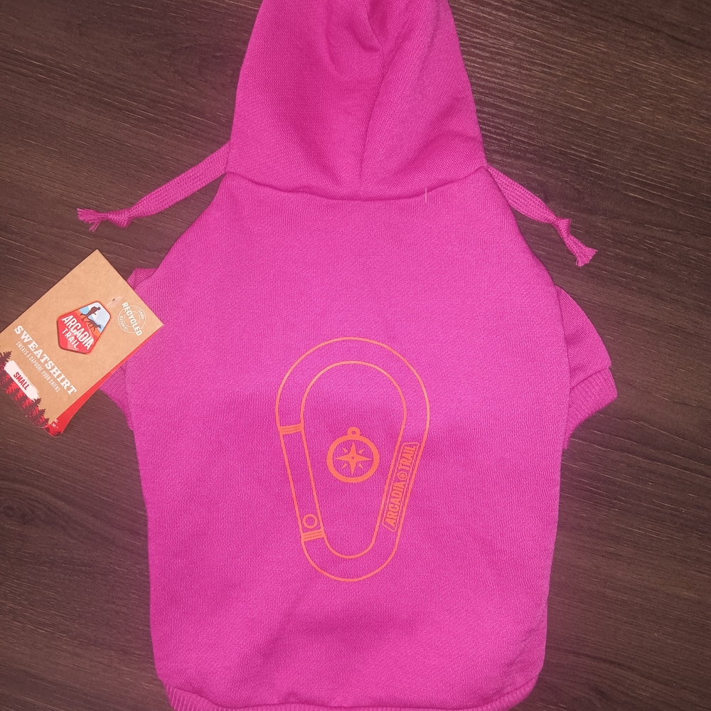 Arcadia Pink Dog Hoodie with Orange Design